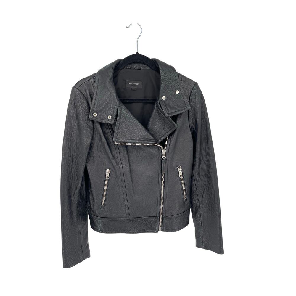 Mackage Lisa Black Pebbled Lambskin Leather Moto Biker Jacket Women's Small